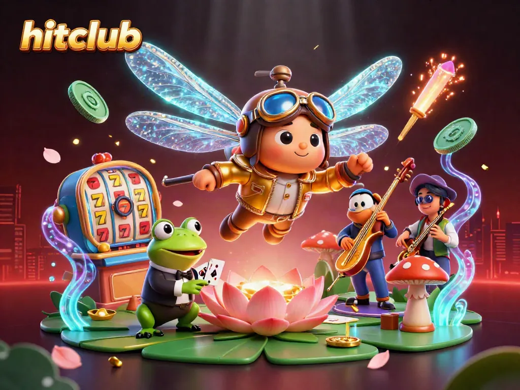 Experience the thrill of hitclub with a dragonfly pilot and frog croupier in a vibrant casino setting.