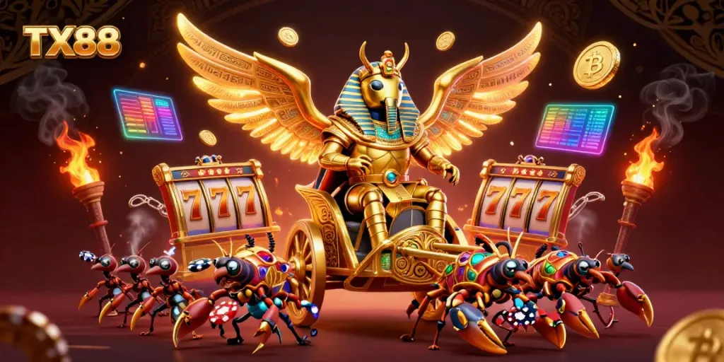 Experience thrilling action at TX88 with a vibrant 3D casino illustration featuring symbolic elements of jackpot excitement.