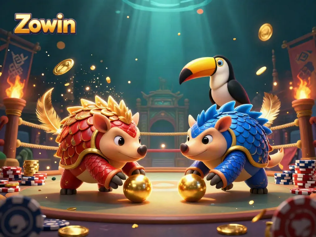 Zowin showcases competitive pangolins bowling through poker chips in a vibrant casino scene.