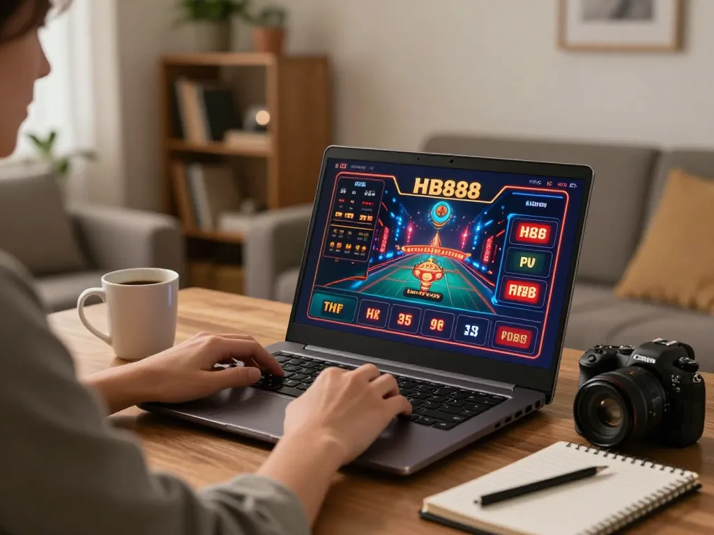 Engaging in online betting on HB88 while enjoying a cozy home atmosphere with vibrant casino graphics.