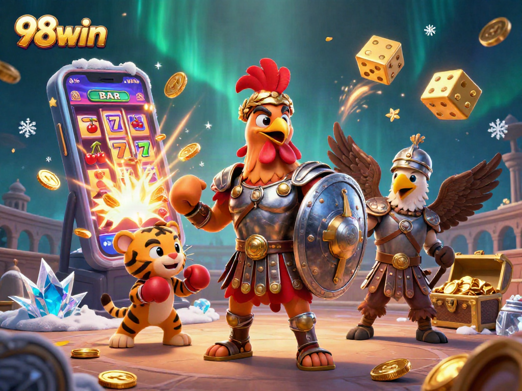 Experience the thrill of 98win with a dynamic 3D casino illustration of gladiators and slots.