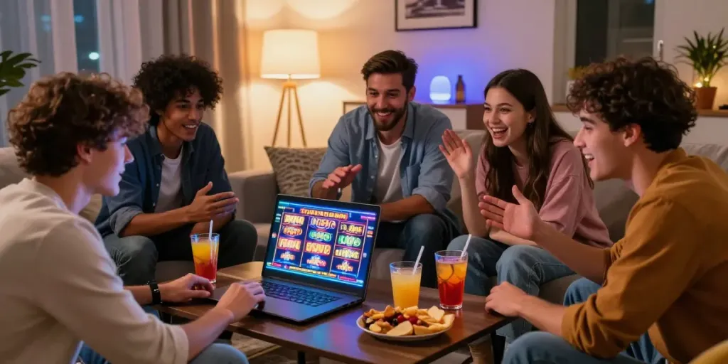 Friends enjoying a lively gaming night at Howzit Casino in a cozy living room.