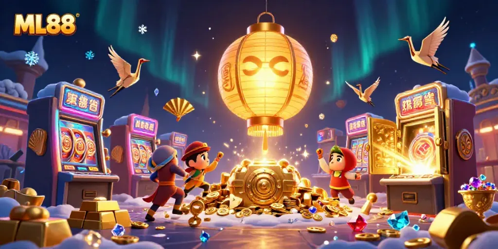 Engage with ML88 as the glowing lantern spirit navigates a treasure-filled casino.
