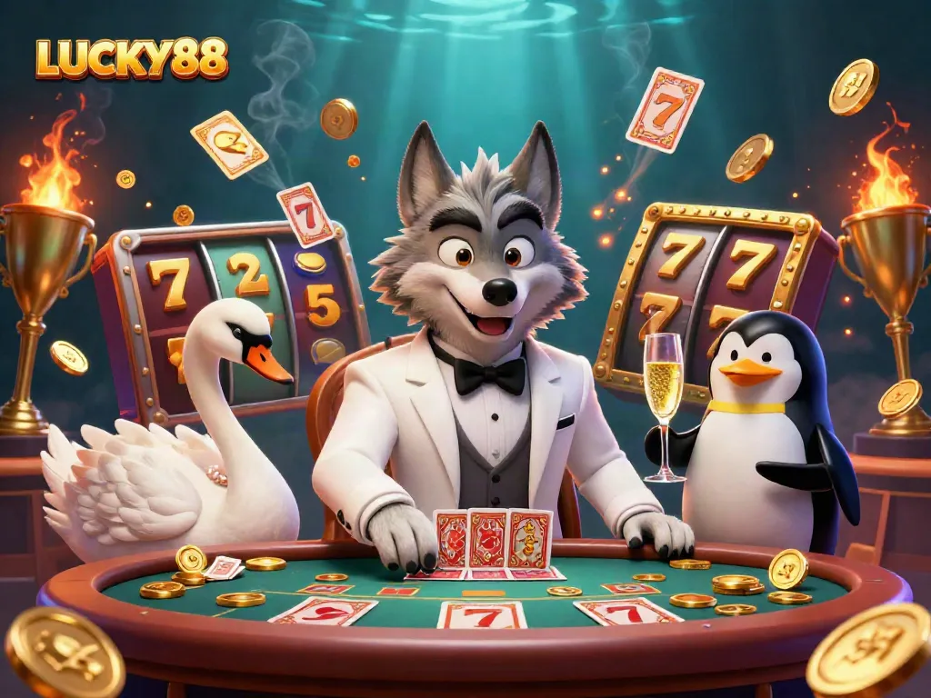 Experience thrilling wins with LUCKY88 at a lavish baccarat table featuring lively characters and vibrant casino elements.