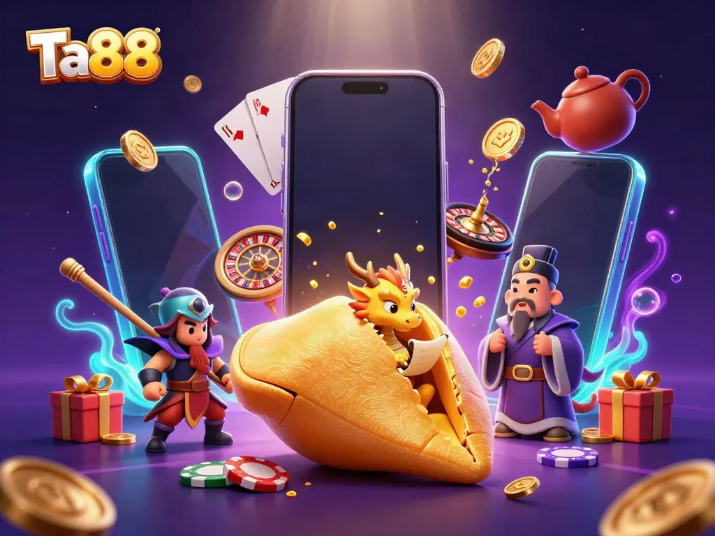 Experience Ta88's dynamic online gaming with vibrant character elements and casino-themed visuals.