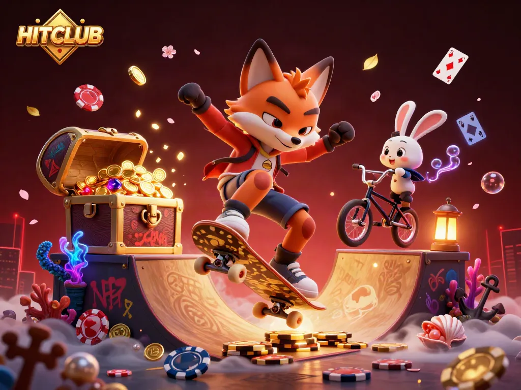 Engage in the excitement of HITCLUB with vibrant characters showcasing casino-themed action and treasures.