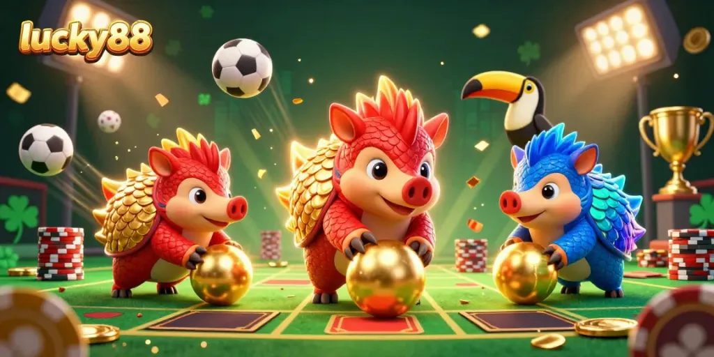 Engage with lucky88 casino magic as pangolins roll through poker chips amidst sports excitement.