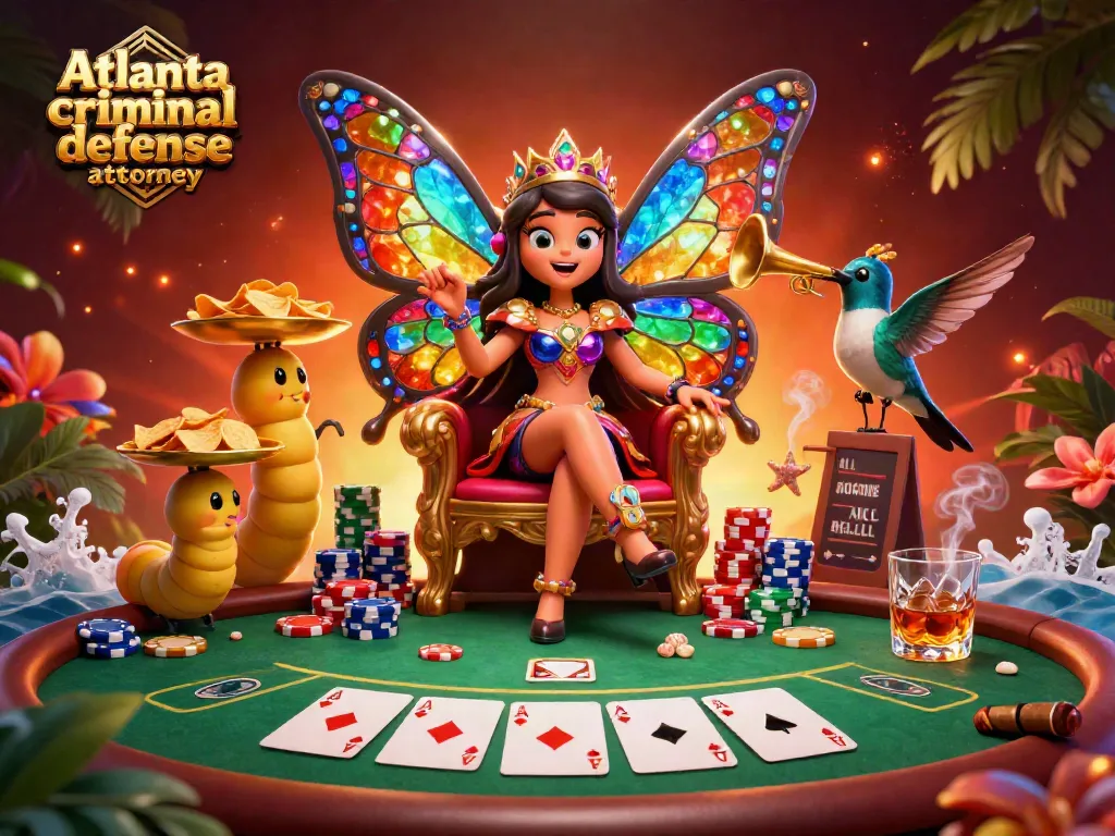 Engaging scene showcasing Atlanta criminal defense attorney concept with vibrant butterfly queen and poker elements.