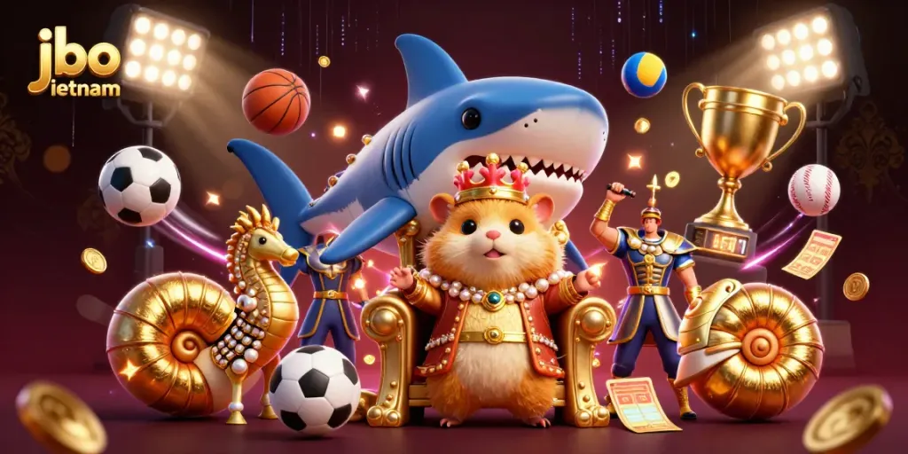 Bet on jbo vietnam with a golden hamster king surrounded by dynamic sports elements in a lavish setting.