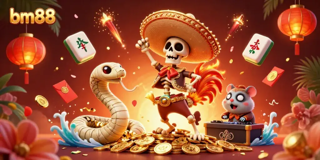 Experience the vibrant celebration at bm88 with a cartoon rooster, mummy snake, and DJ hamster surrounded by casino elements.