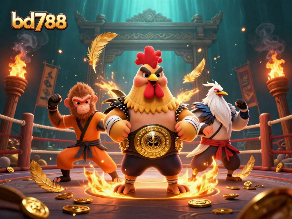 Engage with bd788 in this vibrant 3D casino battle scene featuring unique martial artists and gold treasures.