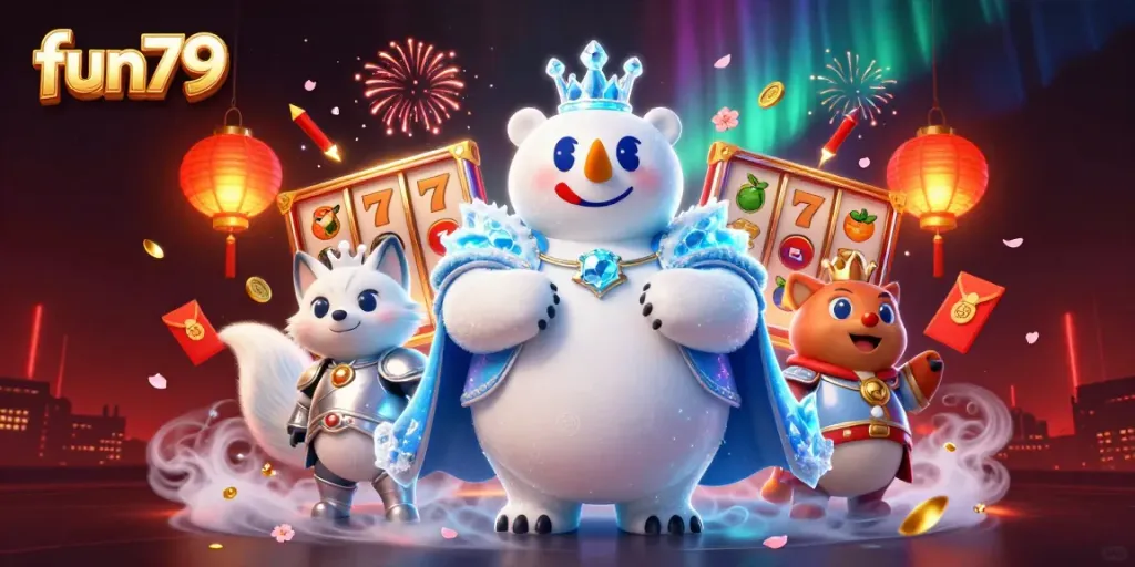 Spin and win at fun79 with vibrant slot reels, sparkling coins, and enchanting characters.