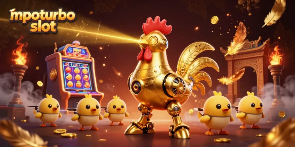 Engage with mpoturbo slot, featuring a golden rooster robot and baby chick drones in a vibrant casino scene.