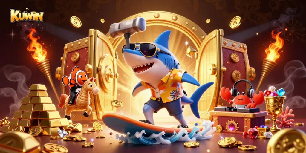 Experience thrilling fun with KUWIN's vibrant underwater casino scene featuring cartoon characters.