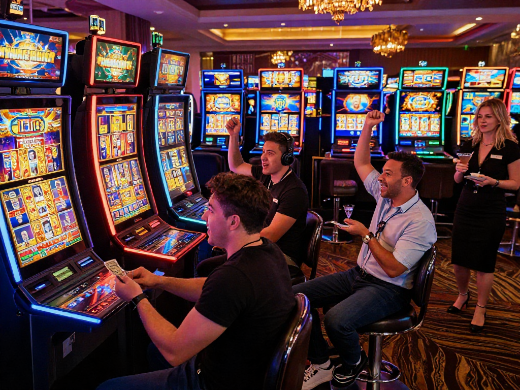 Excited players celebrating a slot jackpot win amidst vibrant casino atmosphere