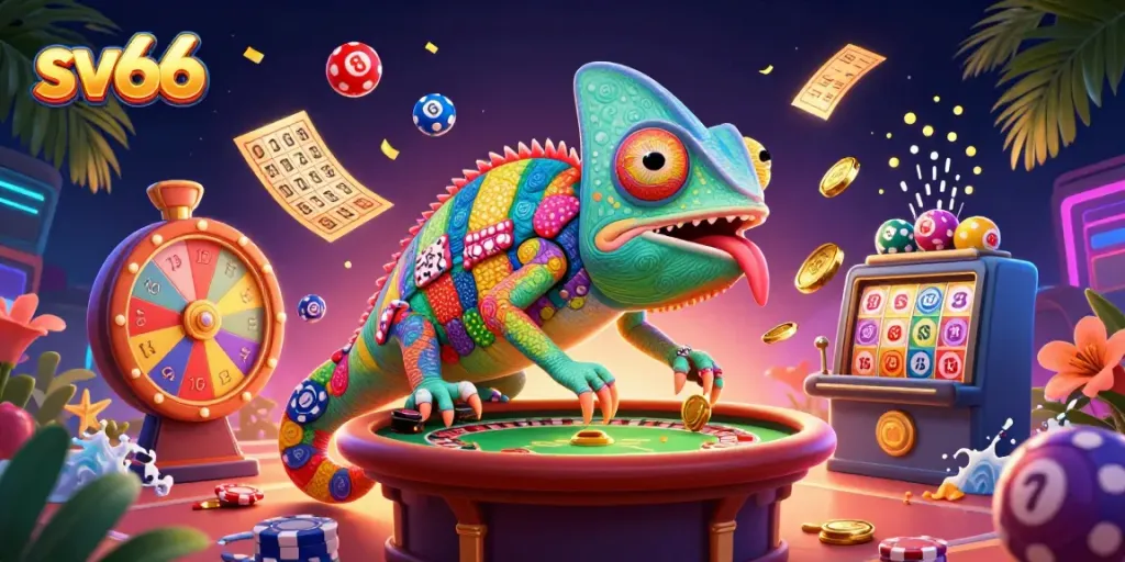 Win big at SV66 with vibrant casino elements and a dynamic chameleon owner in action.
