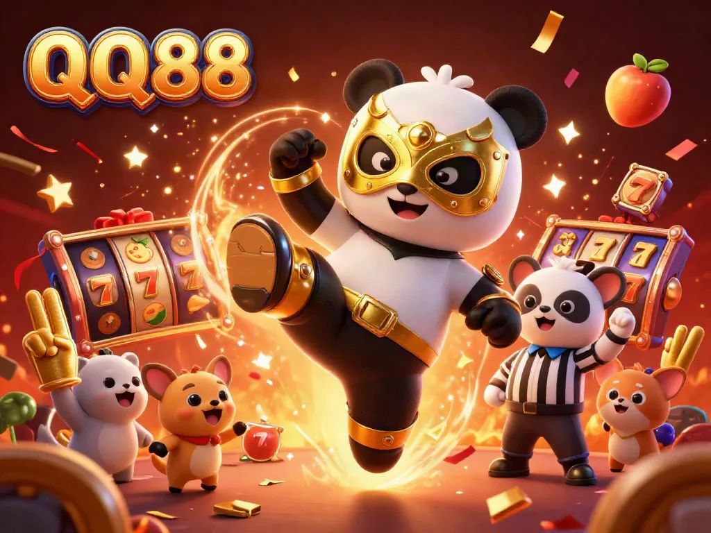 Experience the thrill of QQ88 slots with a panda wrestler and chihuahua referee celebrating in a vibrant casino scene.