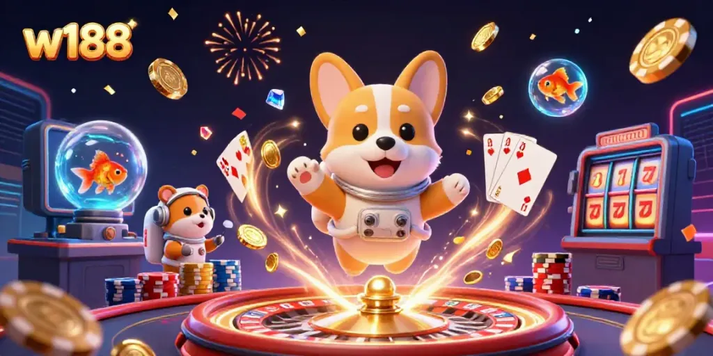 Experience the thrilling gaming universe of w188 with a vibrant corgi astronaut in a casino-themed zero gravity scene.