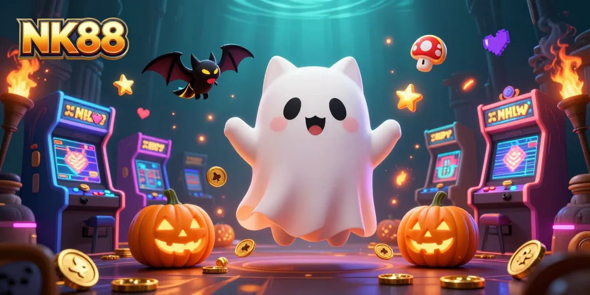 NK88 showcases an enchanting casino scene with a friendly ghost cat and vampire bat amidst glowing slot machines.