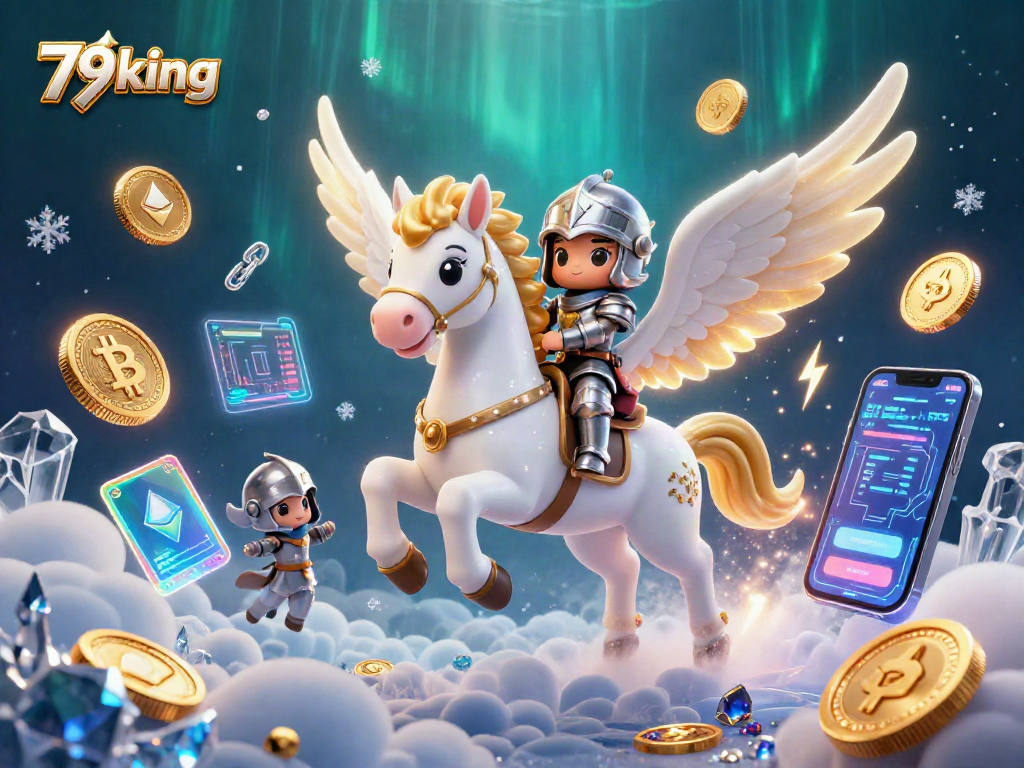 Experience winning thrills with 79king in an ultra-detailed fantasy casino scene with blockchain elements.