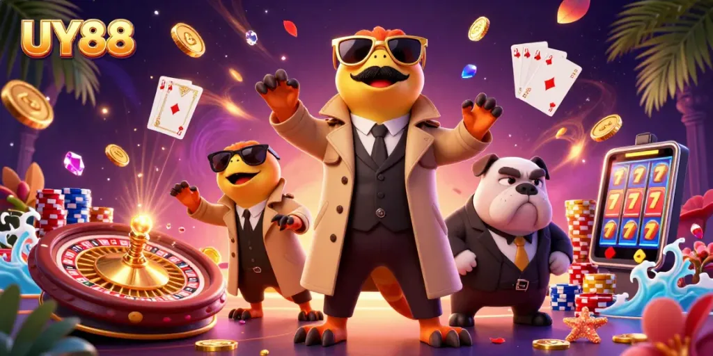 Watch UY88 raptors sneak into the VIP area, surrounded by coins and casino elements.