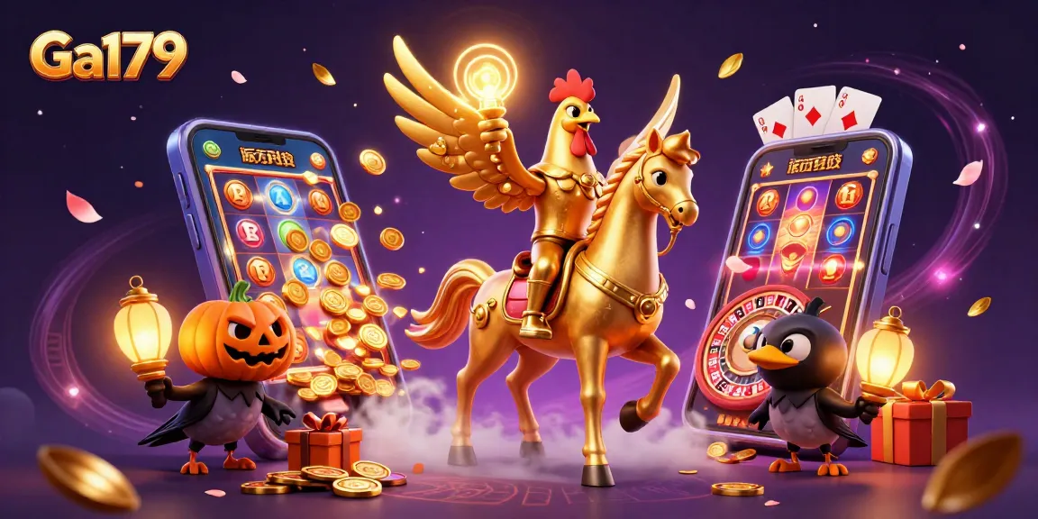 Experience Ga179 with a vibrant casino scene featuring golden rooster warriors, games, and dazzling effects.