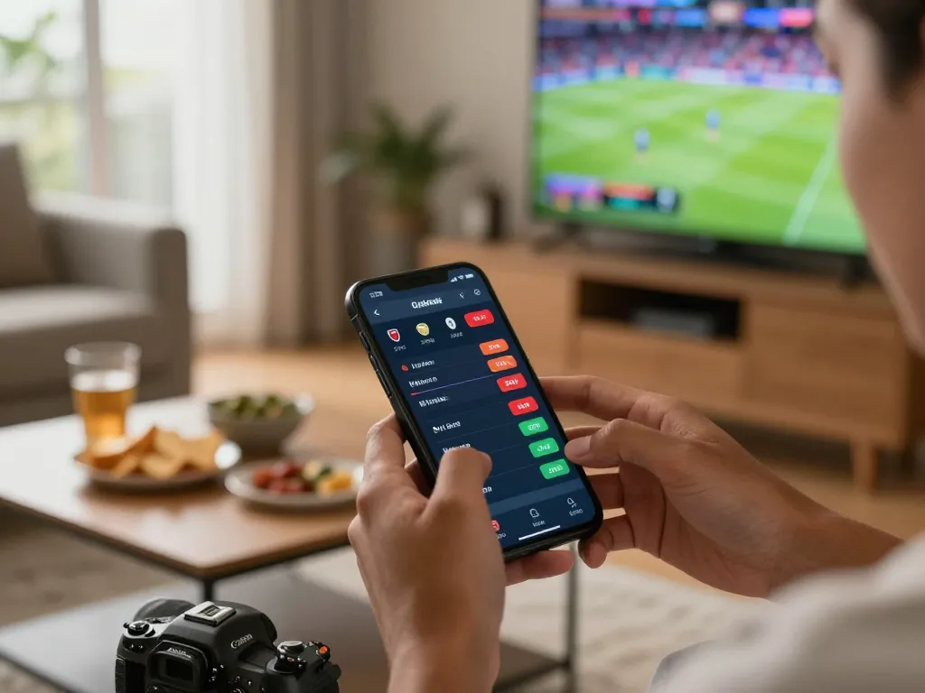 Exciting online sports betting moment with 33win app on smartphone in cozy home setting.
