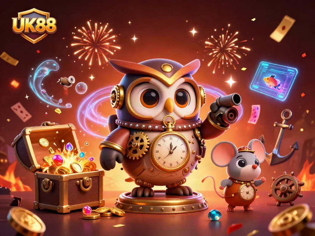 Experience the thrill of UK88 with a 3D cartoon owl and casino elements celebrating wins in a vibrant environment.
