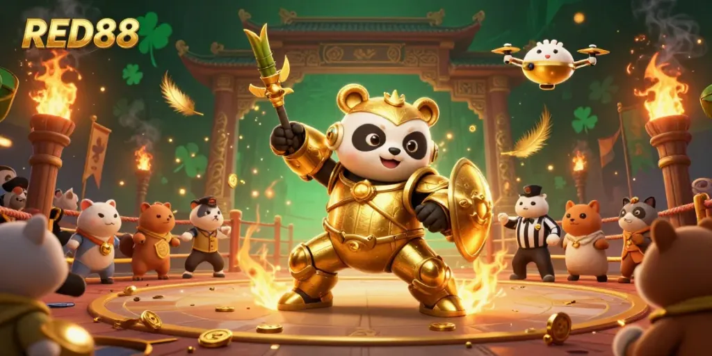 Engage in exhilarating games at RED88, showcasing an action-packed arena with unique characters and vibrant elements.