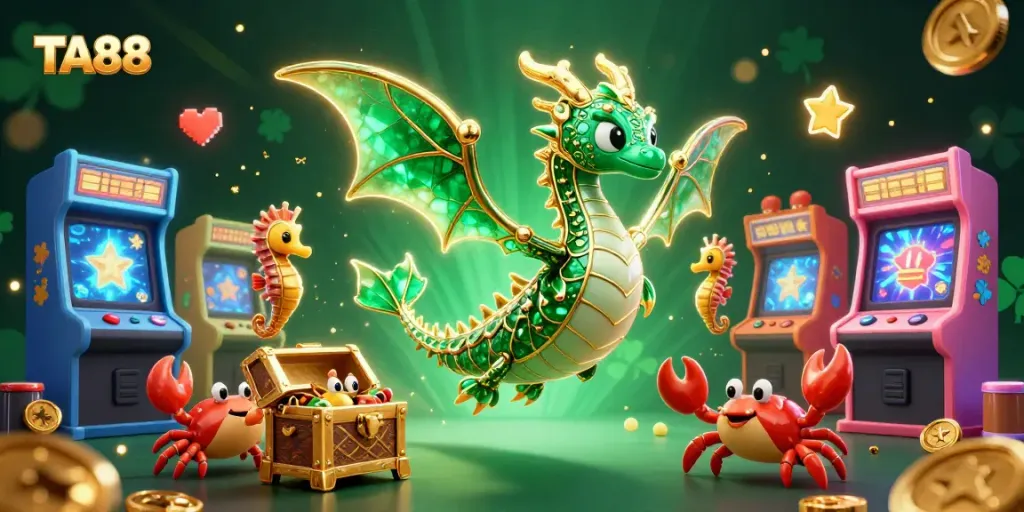 Experience thrilling gaming with TA88's vibrant scene featuring a mythical dragon and treasure, energizing your play.