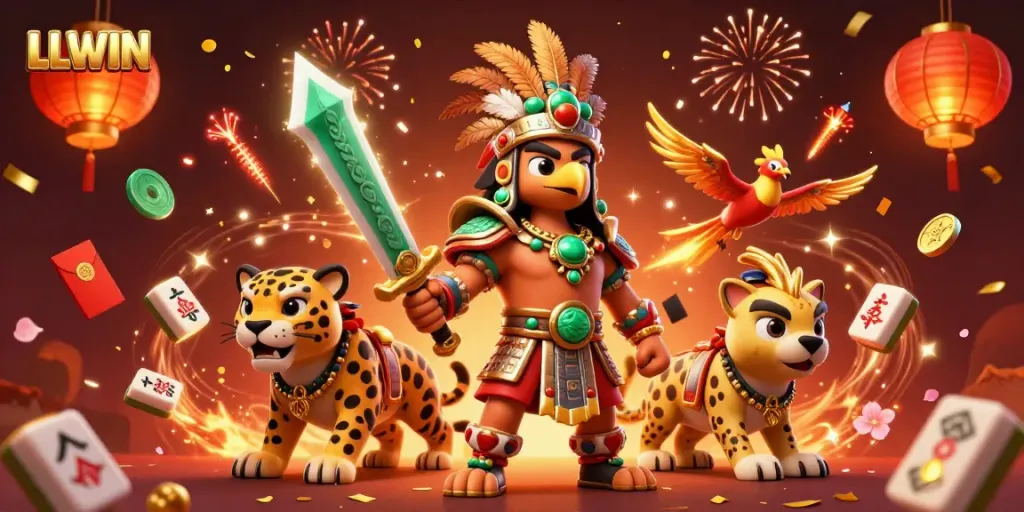 Engage with the LLWIN gaming experience in a vibrant 3D illustration filled with casino symbolism.