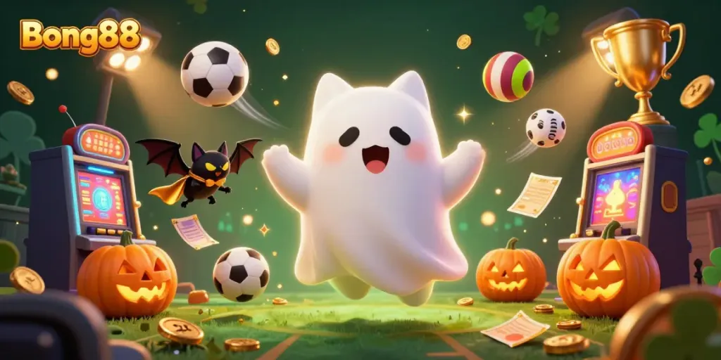 Bong88's ghost cat and bat navigate a haunted casino filled with vibrant sports elements and glowing treasures.