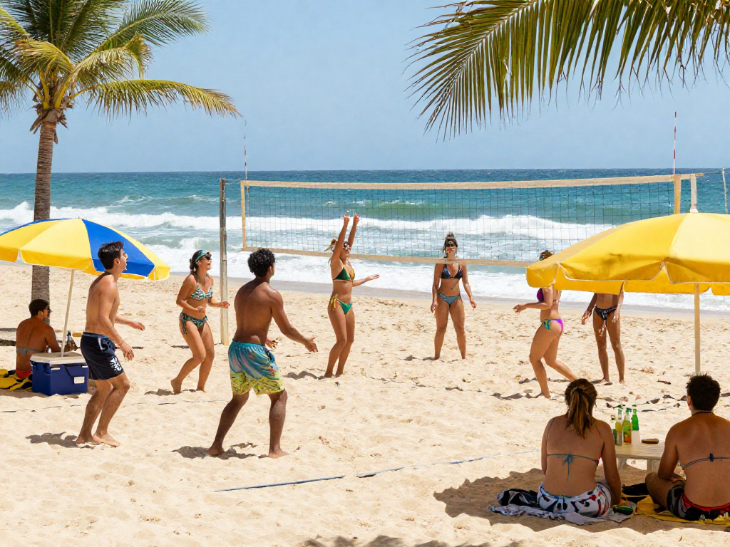 Friends wearing BIKINISLOT swimsuits play beach volleyball in a vibrant coastal scene.