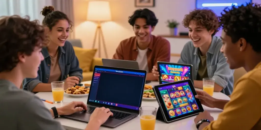 Situs hargatoto dengan teman-teman menikmati permainan online di ruang tamu yang nyaman.