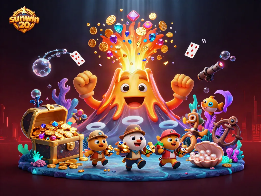 Experience winnings with sunwin 20 as golden treasures erupt from the volcano amidst captivating gaming elements.