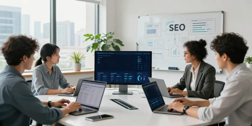 Dynamic professionals collaborating in a modern workspace focused on a hosting and SEO platform.