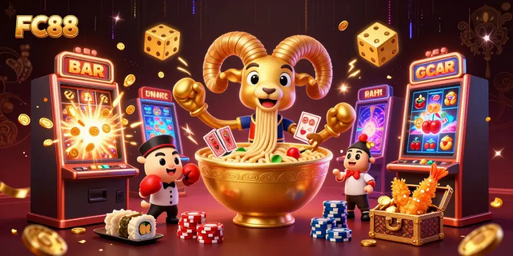 Experience the vibrant excitement of FC88 with dynamic casino characters and jackpot symbols.