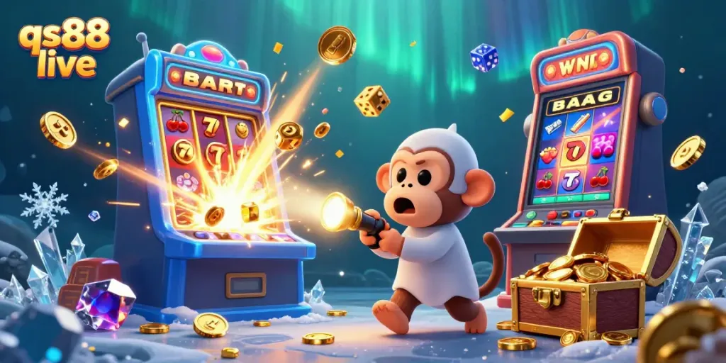Experience the excitement of qs88 live as a playful poltergeist monkey juggles treasures in a bustling casino scene.