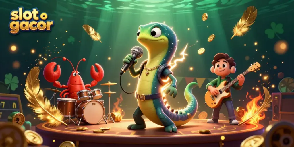 Experience slot gacor vibes with a vibrant underwater casino scene featuring an electric eel DJ and lively band.