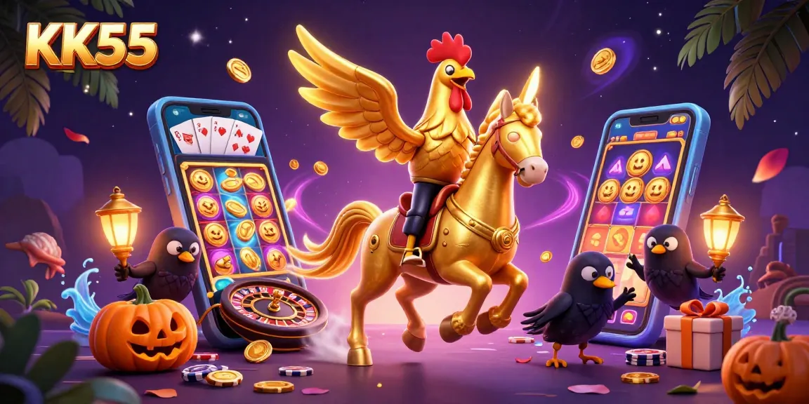 Engage in exciting gameplay at KK55, featuring a dynamic casino scene with golden rooster and lanterns.