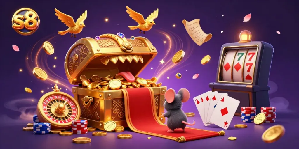 Engage with s8's thrilling casino experience featuring a treasure chest and dazzling game elements.