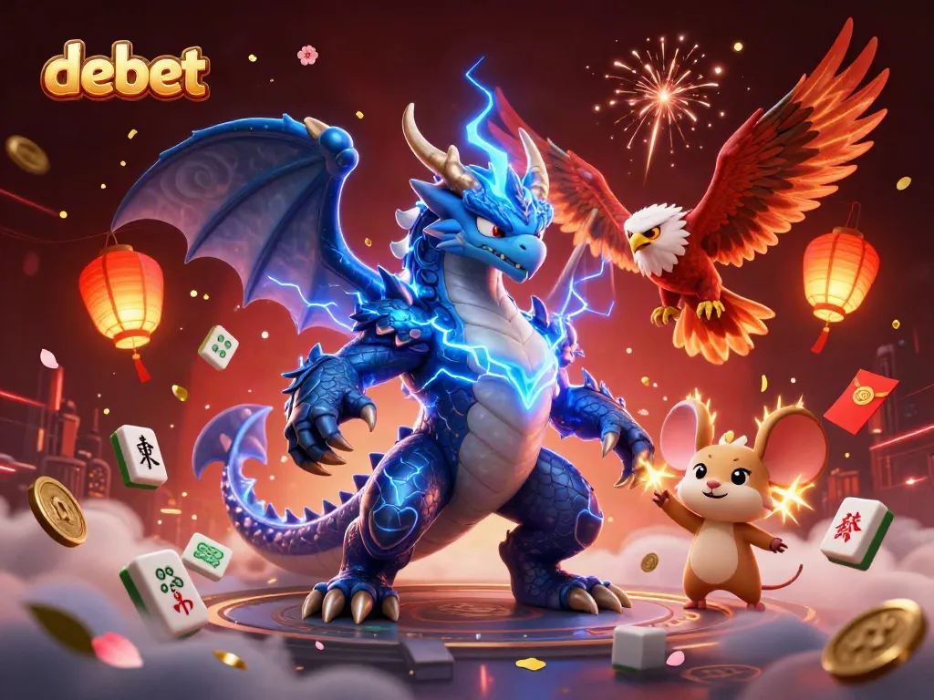 Engage in thrilling action at Debet casino, featuring vibrant 3D characters surrounded by gaming elements.