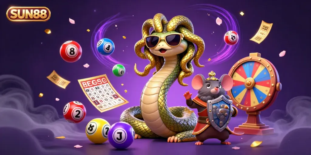 Engage in thrilling gaming at SUN88 with colorful lottery balls, Medusa, and a warrior mouse.