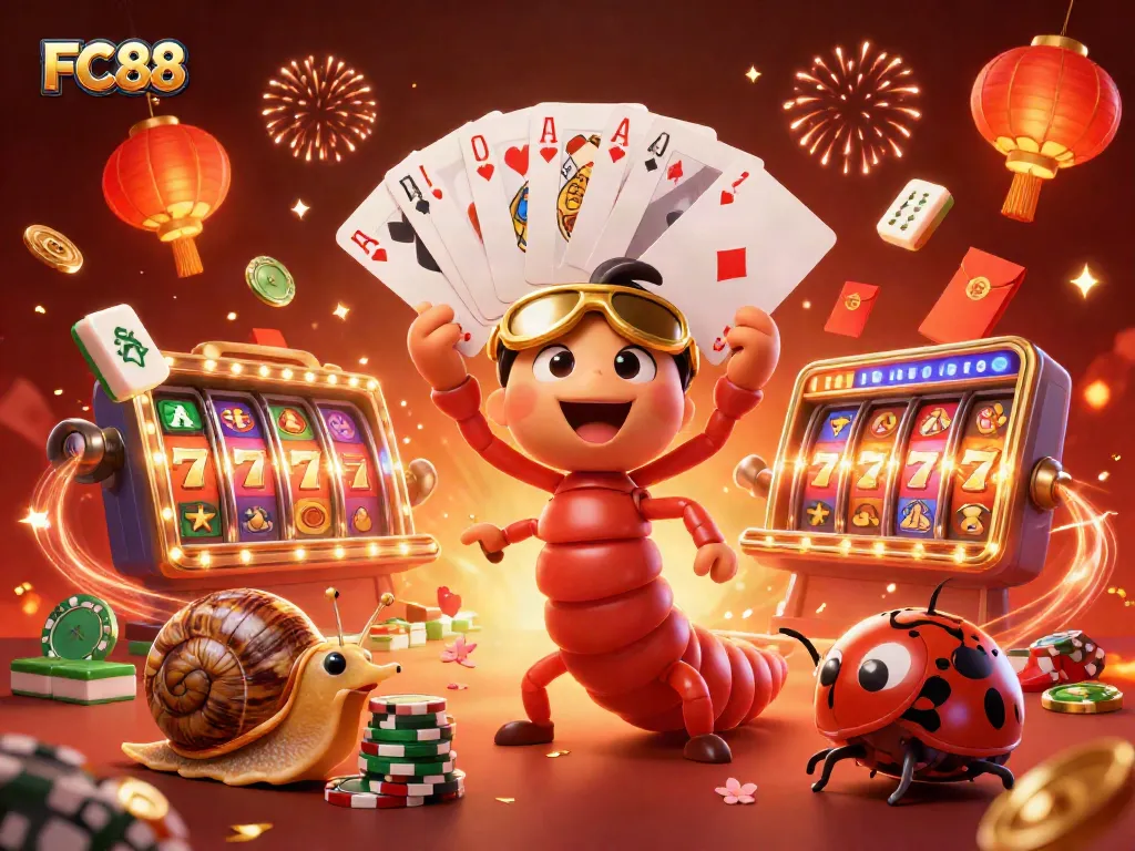 Engage with FC88's vibrant casino scene featuring a dealer and high-roller characters amidst animated slot reels.