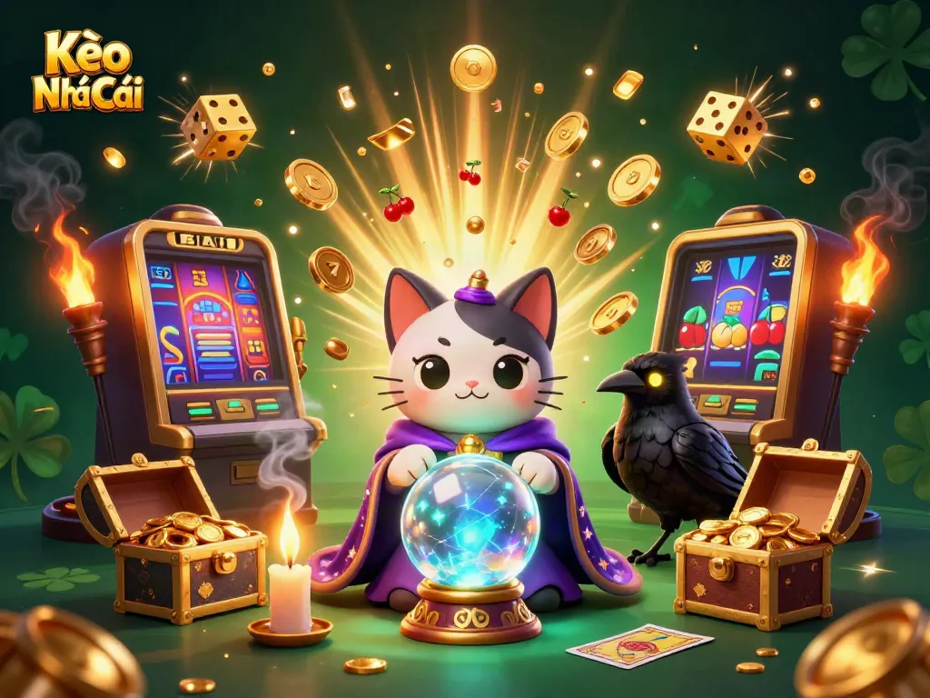 Engage with Kèo Nhà Cái through a mystical scene featuring a fortune teller cat and jackpot slot machine.