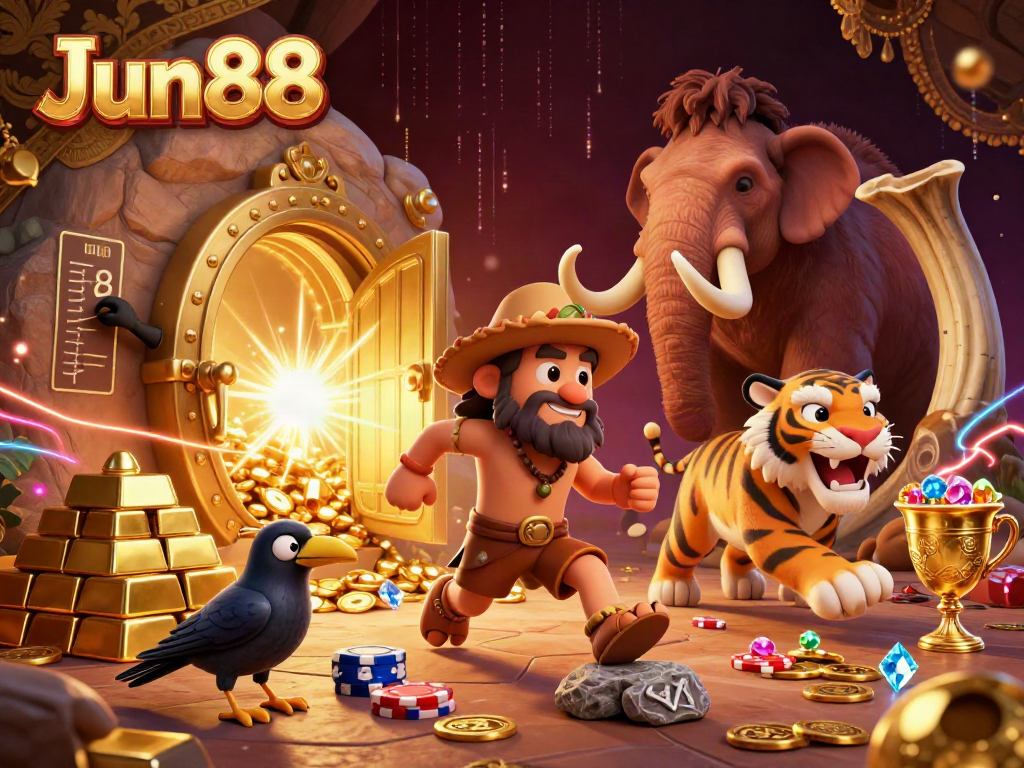 Experience the thrill of Jun88 with vibrant 3D cavemen and casino treasures showcasing winning opportunities.
