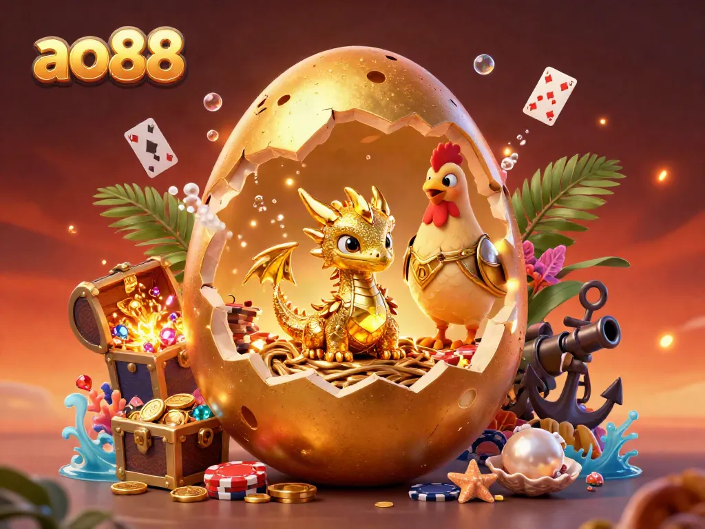 Experience the vibrant world of ao88 with a golden dragon on poker chips amidst treasure and gaming elements.