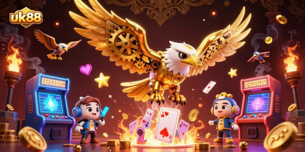 Experience thrilling gameplay with uk88 in this dynamic 3D casino scene featuring a golden eagle and holographic elements.