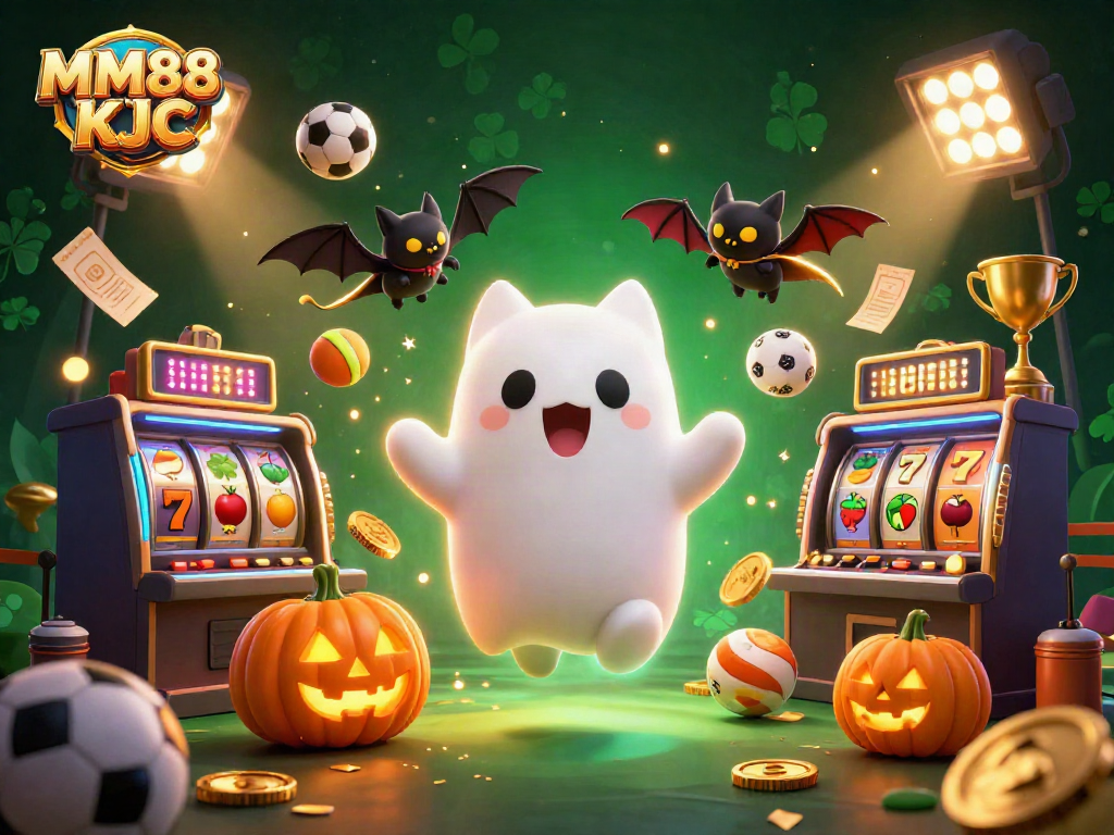 Immerse in excitement with MM88 KJC at a lively haunted casino featuring slots and vibrant gaming elements.