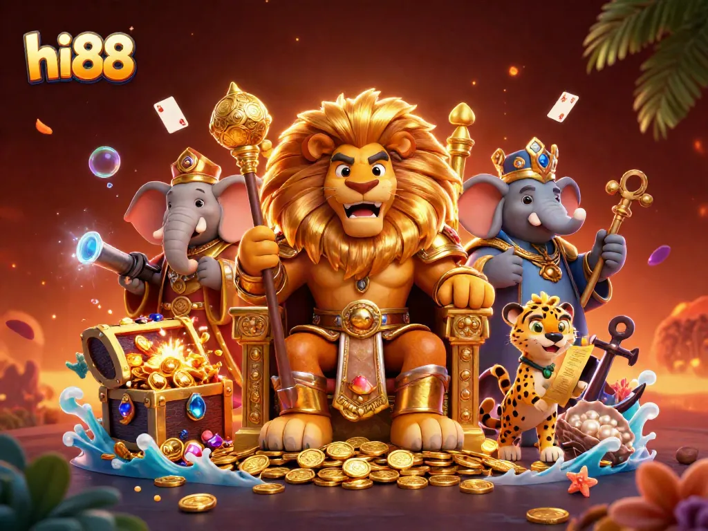 Engage in thrilling gaming adventures at hi88 with a vibrant 3D illustration featuring casino royalty.